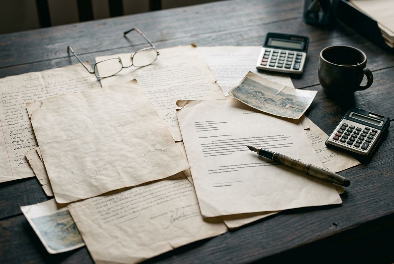 Documentos antigos da propriedade sobre mesa escura, com óculos de leitura, calculadoras, caneta-tinteiro e uma foto antiga da fazenda