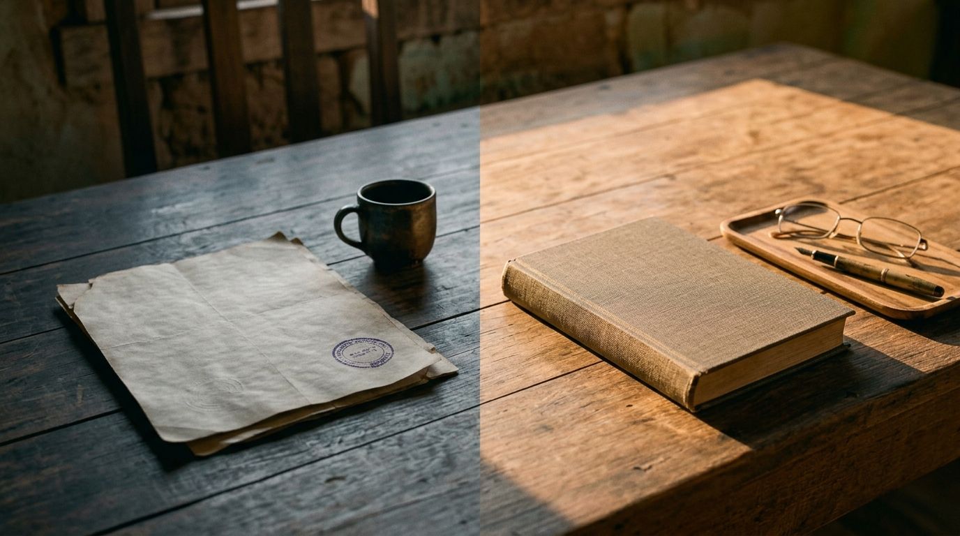 Livro de capa de linho sobre mesa de madeira iluminada pela luz quente do fim de tarde, com óculos e caneta-tinteiro ao lado
