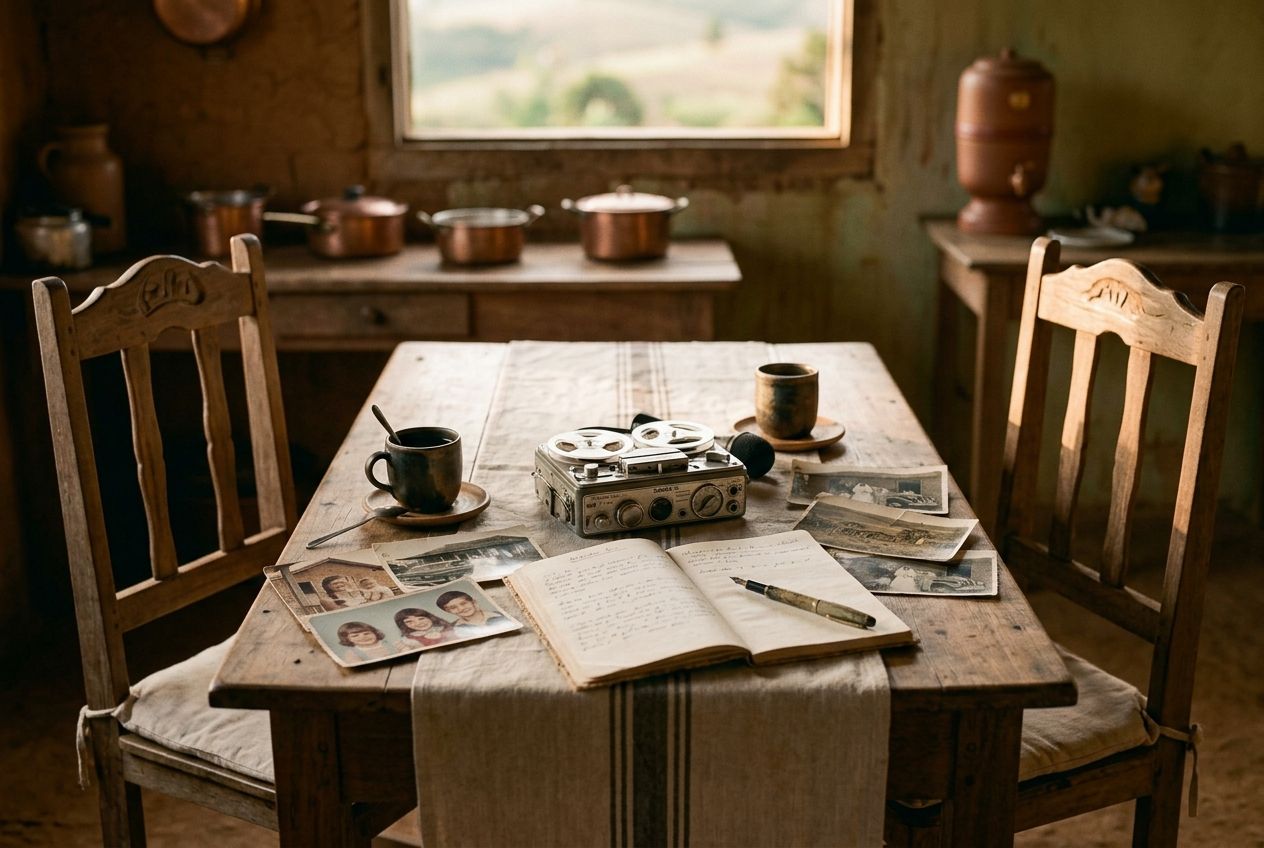 Mesa da cozinha da fazenda preparada para a entrevista: gravador antigo, caderno aberto com caneta-tinteiro, fotos de família, xícaras de café e duas cadeiras frente a frente