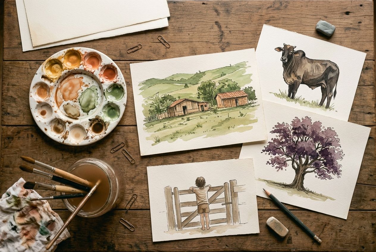 Mesa de ilustração com aquarelas em produção: a casa da fazenda, um boi, uma árvore florida e uma criança na porteira, ao lado da paleta de tintas e dos pincéis