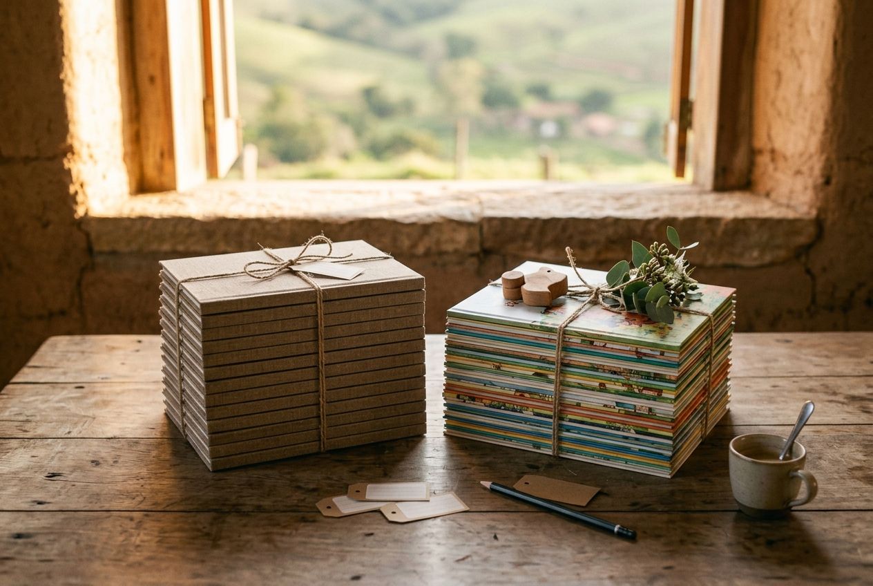 Duas pilhas de livros recém-impressos amarradas com barbante sobre a mesa da fazenda, uma de capas de linho e outra de livros infantis coloridos, com a janela aberta para o pasto ao fundo