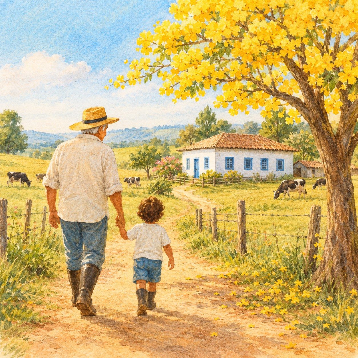 Ilustração em aquarela: avô de chapéu de palha e neto de mãos dadas numa estrada de terra, com ipê amarelo florido, vacas no pasto e a casa da fazenda de janelas azuis ao fundo