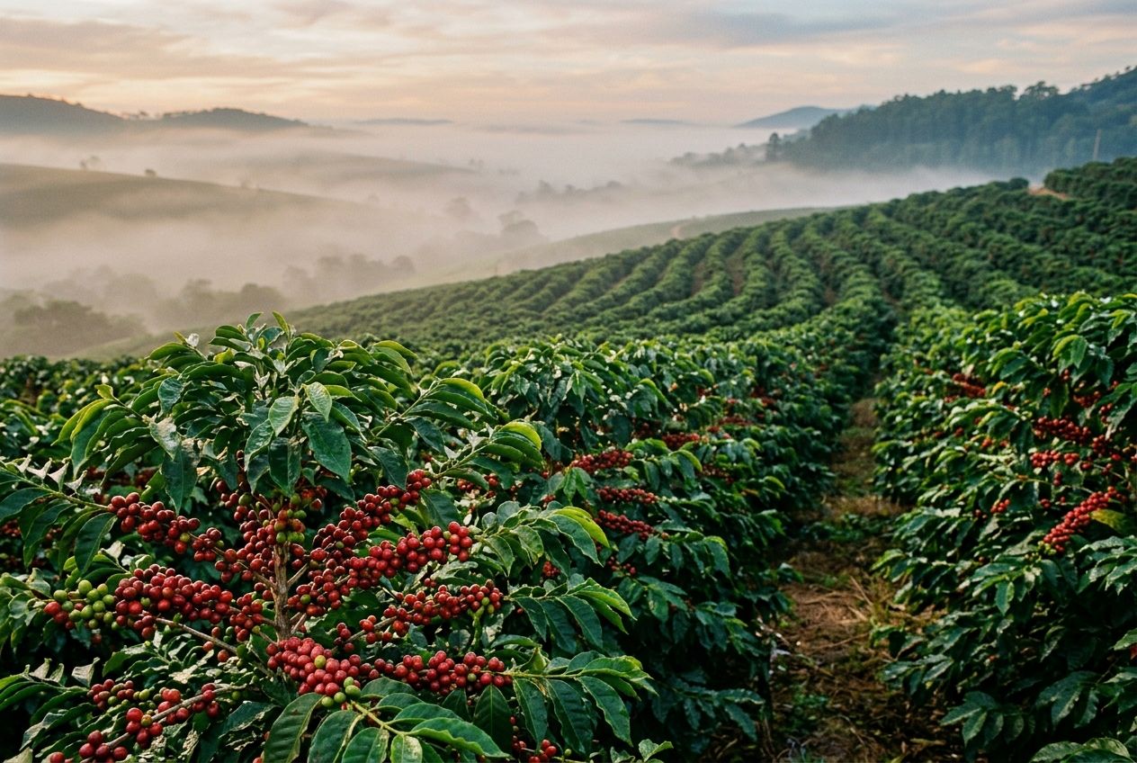 Cafezal em encosta com frutos vermelhos maduros em primeiro plano e névoa sobre os morros ao amanhecer