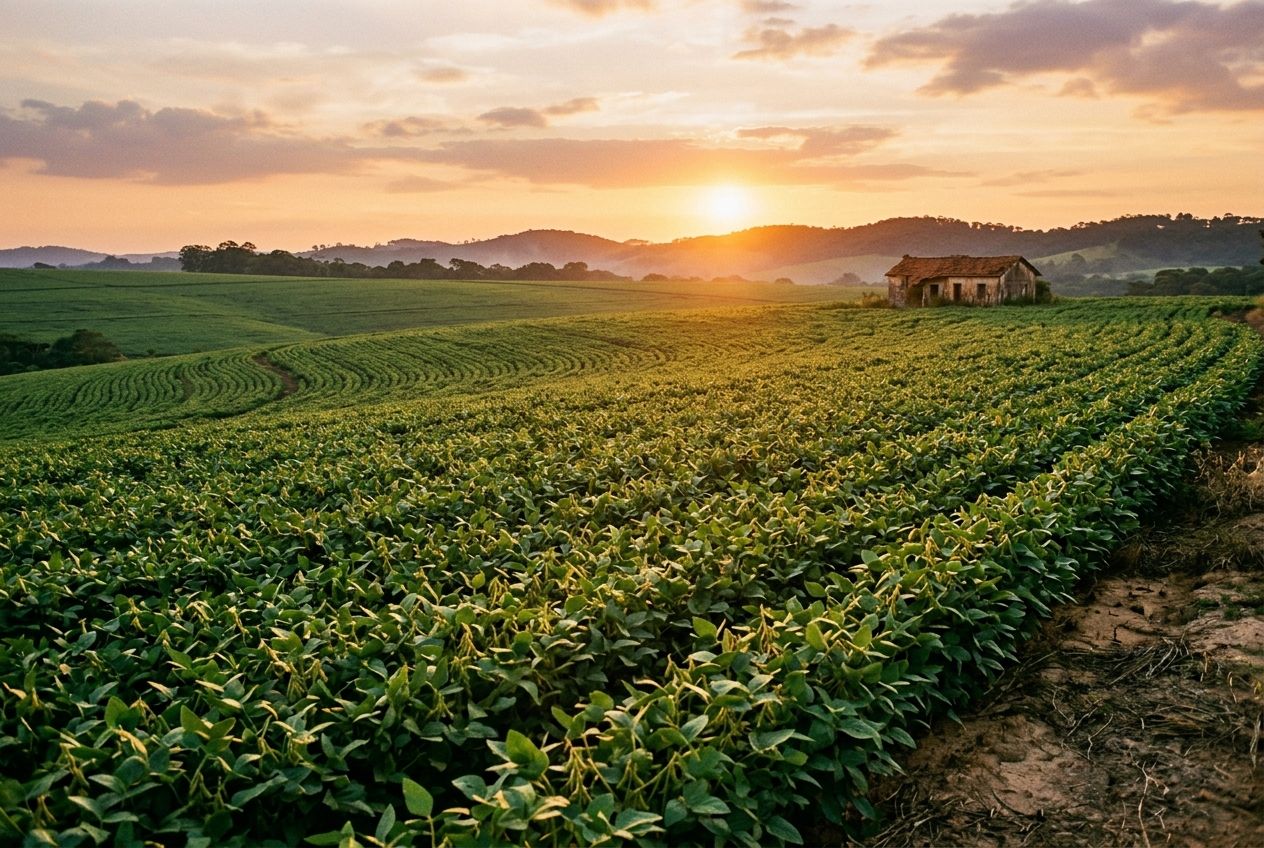 Lavoura de soja em curvas ao pôr do sol, com uma casa antiga da fazenda no alto do campo e morros ao fundo