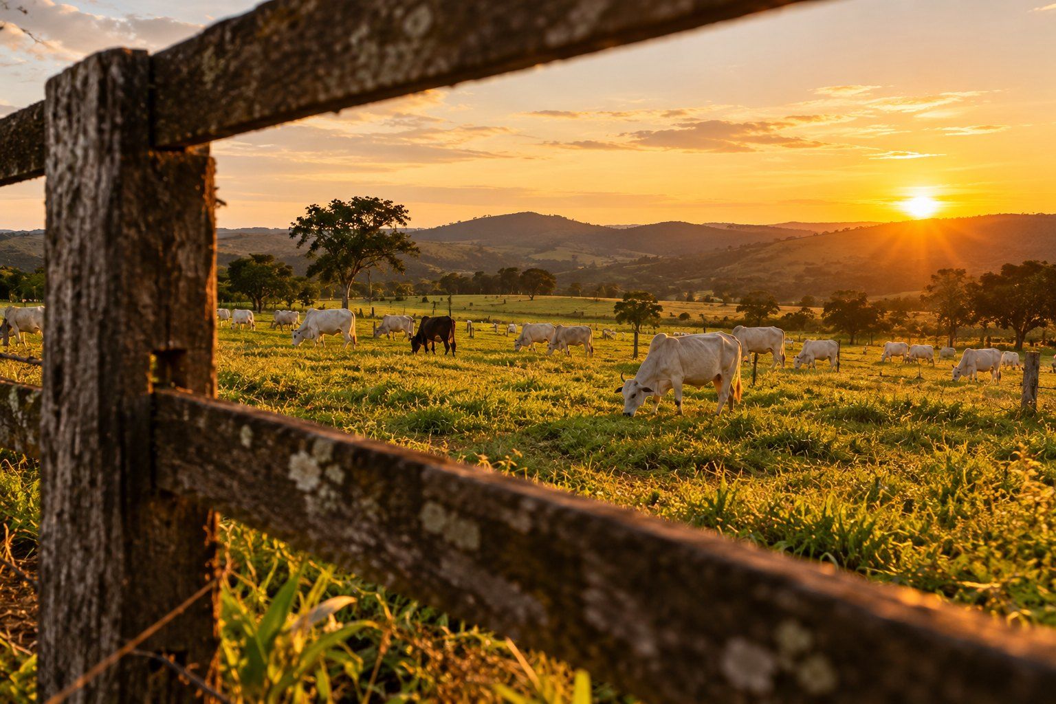 Gado nelore pastando ao pôr do sol, visto através de uma cerca de madeira, com morros ao fundo