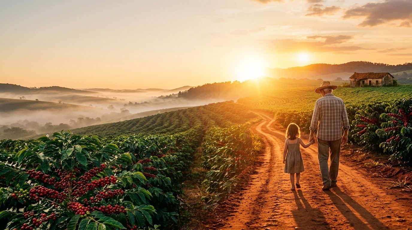 Avô de chapéu e neta de mãos dadas, de costas, caminhando por uma estrada de terra vermelha entre cafezais ao pôr do sol, em direção à casa da fazenda